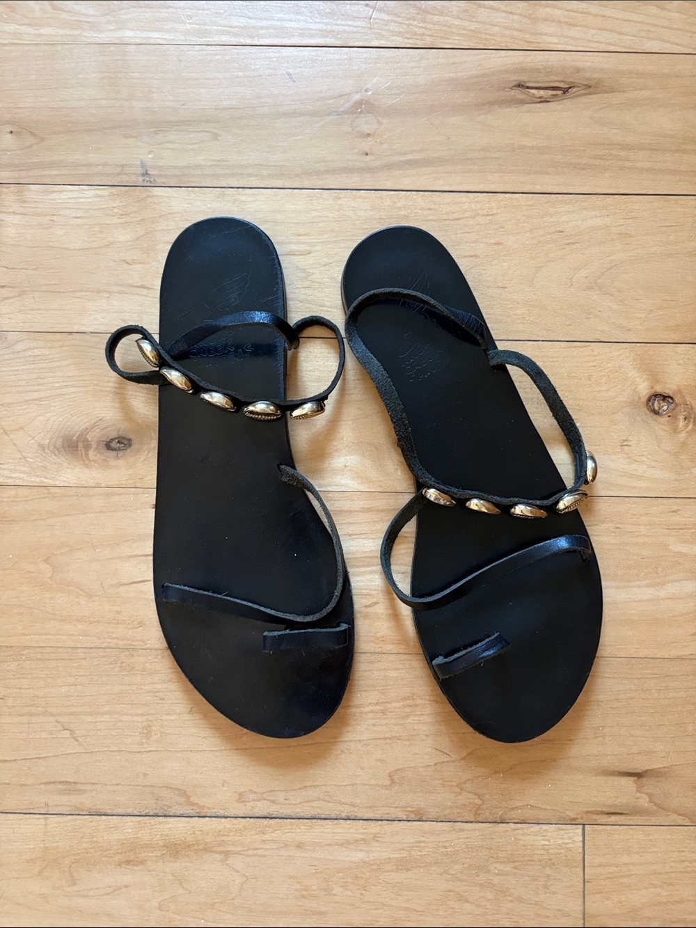 Ancient Greek Sandals Black Leather Strappy Sandals with Gold Accents